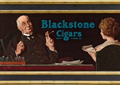 Norman Rockwell’s 1921 painting Blackstone Cigars displayed at MS Rau Gallery during the Art of Whiskey event.